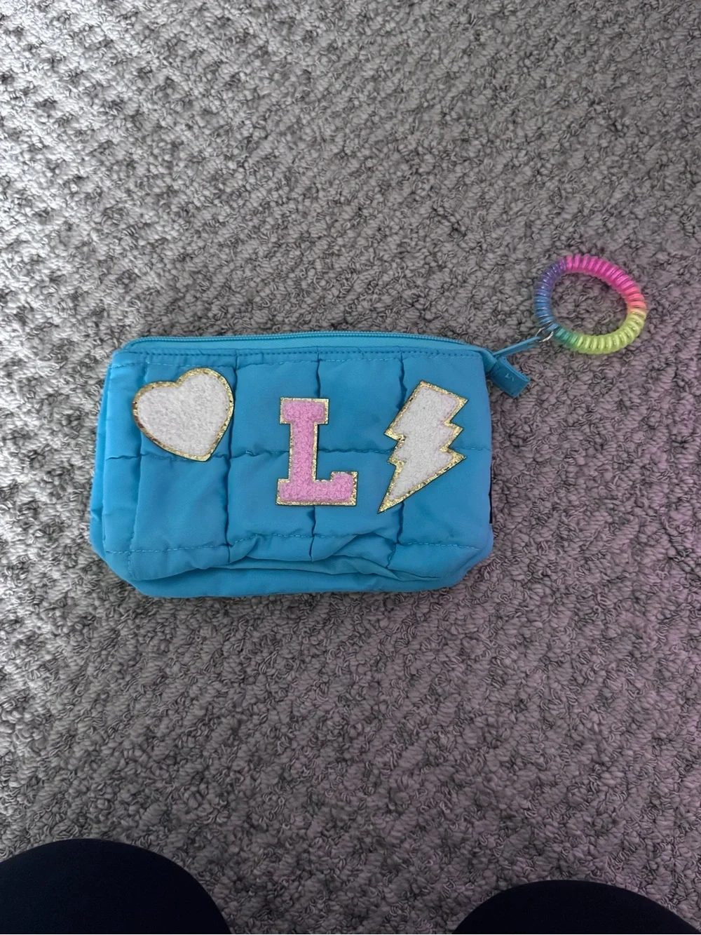 Blue Quilted Kids Pouch with Heart, 'L' Letter & Lightning Patch